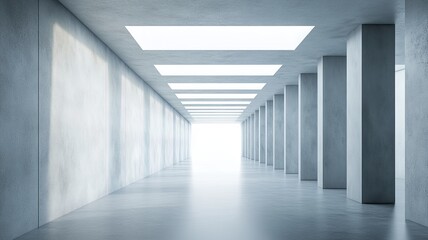Light-filled concrete hallway, columns, bright end