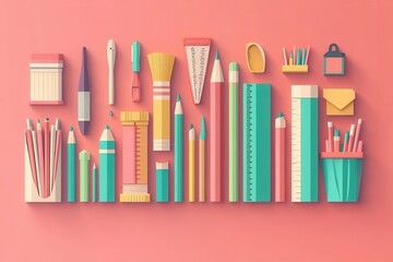 Obraz premium Colorful and Creative Stationery Collection on Pink Background Featuring Pens, Pencils, Rulers, Brushes, and Other Office Essentials for Artistic Projects
