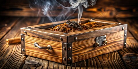 High-Depth-of-Field Image: Rustic Wooden Smoker Box, BBQ Accessories, Close-Up Detail