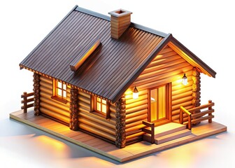 Isometric Simple Log Cabin, Long Exposure, White Background - Stock Photo