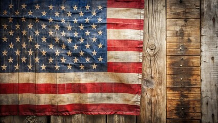 Aged American flag with worn edges, frayed corners, and a faded red