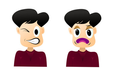 Set of different boy emotions in cartoon style. Vector illustration of different boy facial expressions: thoughtful, angry, sleepy, happy, smiling, crying, isolated on white background.