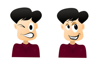 Set of different boy emotions in cartoon style. Vector illustration of different boy facial expressions: thoughtful, angry, sleepy, happy, smiling, crying, isolated on white background.