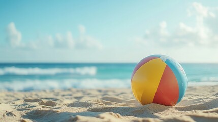 Beach ball on sandy shore near ocean.