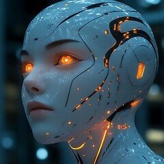 Futuristic female android with glowing circuits.