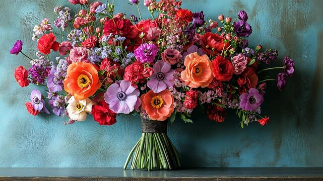 A static shot of a colorful flower bouquet with a vintage background.