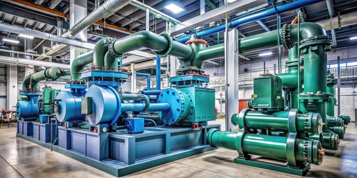 Centrifugal chiller system in operation with pumps and condenser