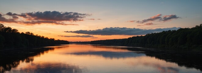 Fototapeta premium arafed view of a river with a sunset in the background