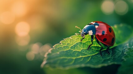 Obraz premium A vibrant ladybug resting on a green leaf glistens in the sunlight. Nature captivates with color and detail. Discover the beauty of small creatures. Generative AI