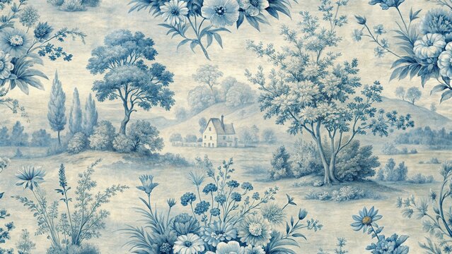 Distressed blue toile wallpaper featuring intricate floral patterns and serene countryside scenes with rolling hills and sunlit wildflowers, countryside, natural