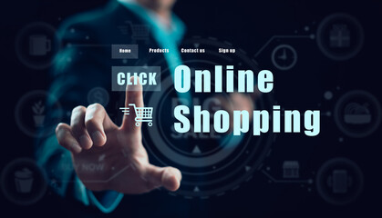 Businessman touching click icon with online shopping concept, marketplace website with virtual interface of online Shopping cart part of the network, Online shopping business with selecting shopping