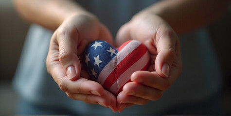 A small heart with the American flag inside, held gently in the hands, symbolizing American Heart Month and the theme of heart health