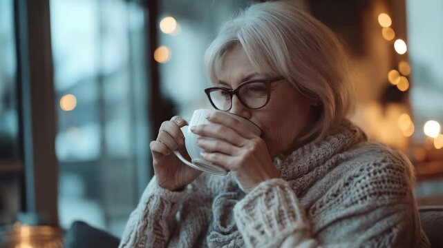 cute woman sitting on sofa and drinking tea at home
