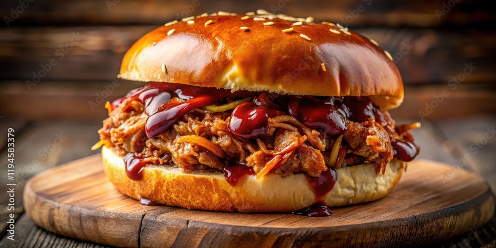 Wall mural Juicy pulled pork burger with a sweet and tangy barbecue sauce drizzle on top, meaty, pulled pork,  meaty