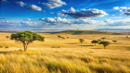 Obraz premium A wide-angle view of a vast savannah grassland with rolling hills and acacia trees in the distance, open plains, grassy savannah
