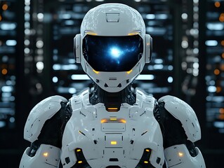 Futuristic robot with glowing visor in server room.
