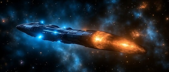 Spaceship traveling through nebula.