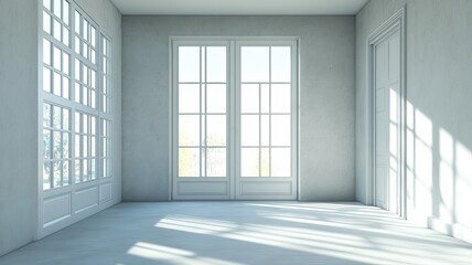 Obraz premium Sunlit empty room, French doors, design