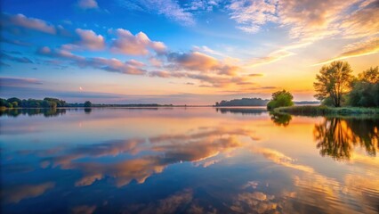 Obraz premium Calm water surface with gentle ripples and reflected sky, showcasing the beauty of a peaceful lake at dawn, natural scenery, calm atmosphere