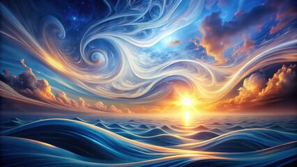 Cosmic swirls on a deep blue abstract background with wavy curves and shapes that resemble clouds in the sky at sunset, abstract