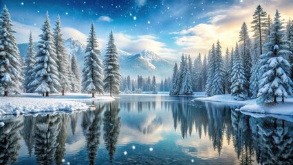 Fototapeta premium Snow covered fir trees in a serene winter landscape with frozen lake and mountains in the background, snowflakes gently falling on the forest floor , winter landscape, frozen lake