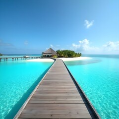 A private island in the Maldives, connected by a long wooden jetty stretching out into the turquoise waters