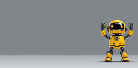 cute robot assistant stands with raised hands on a gray background. yellow android robot standing