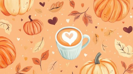 Autumn coffee, pumpkins, leaves, latte art, background