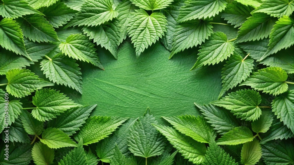Wall mural fresh nettle leaves arranged in a circular pattern on a lush green leafy background with some stems 