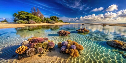 Sandy beach at low tide with shallow clear water and colorful coral formations, serene atmosphere , clear shallow water