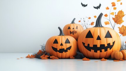 Festively Carved Halloween Pumpkins Surrounded by Autumn Leaves and Bats in a Bright Indoor Setting Perfect for Celebrating the Spooky Season