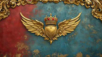 Gold fantasy game button set with crown and wings cartoon vector. Medieval golden title border in yellow, blue and red for vintage royal menu app interface. Isolated blank ornate panel illustration