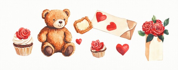 Valentine's Day Celebration with Teddy Bear Cupcakes and Roses Festive Atmosphere Romantic Concept