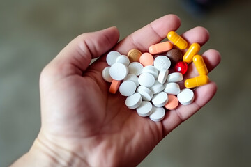 Multi-colored tablets, pills and capsules in the hands.