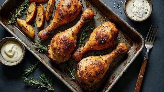 Muslos de pollo asados con papas al horno y hierbas arom&aacute;ticas