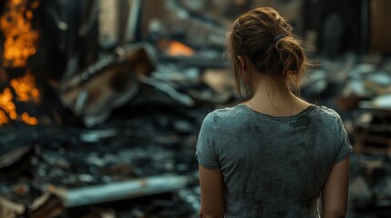 Woman Surveying Burned Home After Fire – Emotional Scene from Behind, Post-Fire Destruction, Disaster Aftermath, Home Loss, and Tragedy Recovery