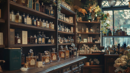 A charming vintage-style perfume boutique with wooden shelves showcasing beautifully designed bottles, floral accents, and a warm, inviting ambiance, creating a nostalgic shopping experience