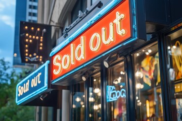 Obraz premium Brightly lit neon Sold Out sign outside a trendy retail store in an urban area during twilight