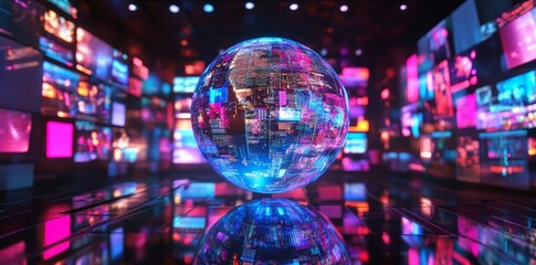 Global Network: A Digital Sphere Illuminated by Vibrant Screens