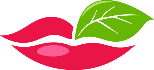 Vector illustration of pink lips with green leaf. Flat colors. Eco-friendly cosmetics design, concept