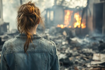 Woman Surveying Burned Home After Fire – Emotional Scene from Behind, Post-Fire Destruction, Disaster Aftermath, Home Loss, and Tragedy Recovery