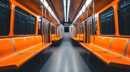 Fototapeta premium Empty Orange Subway Car Interior: A Modern Transportation Perspective