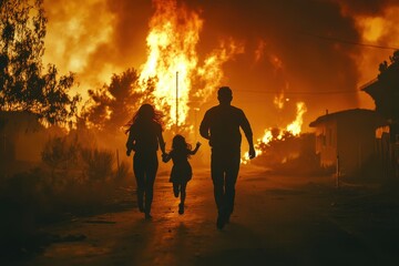 Family Running to Escape Wildfire – Parents with Daughter Fleeing from Burned House, Flames in the Background, Wildfire Emergency and Evacuation in Progress