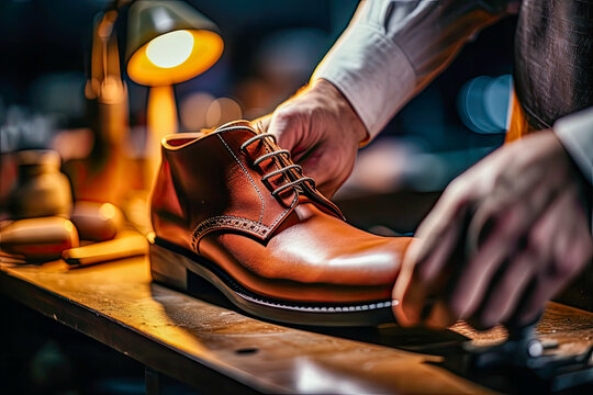 A shoemaker repairs a man's shoe in an equipped workshop. Close-