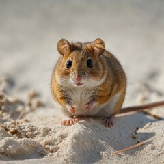 Fototapeta premium A dormouse with wide, curious eyes, standing on a patch of white sand.