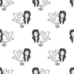 Harpy Seamless Pattern. Medieval mythical Greek and Roman creature black and white hand drawn background with bird body wings and woman head. Repeat vector illustration