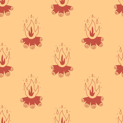 Campfire Doodle Seamless Pattern. Hand drawn camping minimalist background with flame sparkle and firewood. Repeat vector illustration in doodle style