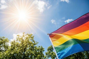 Pride flag waving in the breeze under a sunny sky with bright clouds and colorful trees in the background