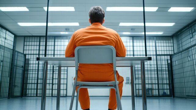 A solitary figure in an orange jumpsuit sits at a table in a stark, reflective interrogation room surrounded by glass and metal bars.