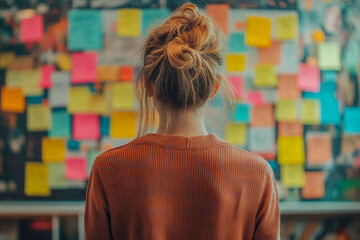Woman Standing in Front of Sticky Notes and Mood Boards – Creative Office Brainstorming, Planning, and Design Concept in a Professional Workspace